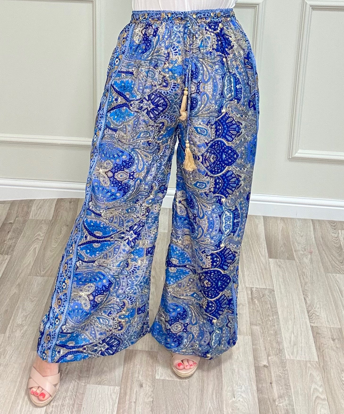 Mila Paisley Wide-Leg Tassel Trousers 8-16 Blue