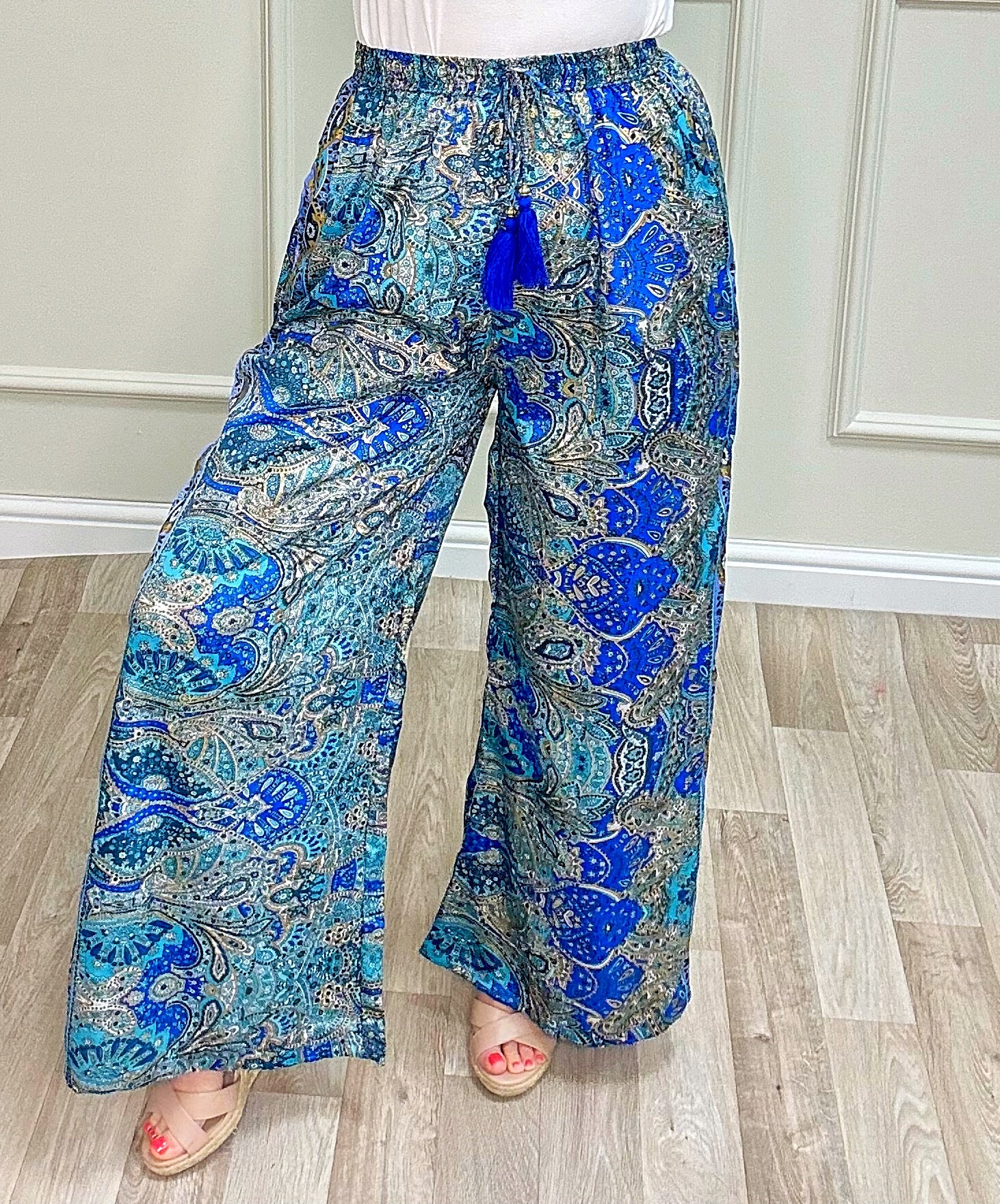 Mila Paisley Wide-Leg Tassel Trousers 8-16 Aqua