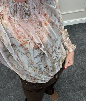 Eliza Floral Sheer Blouse 8-16 Sand