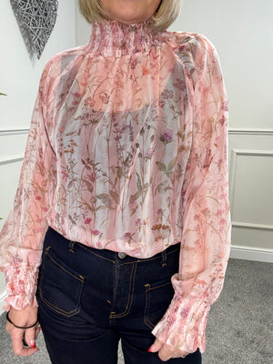 Eliza Floral Sheer Blouse 8-16 Pink