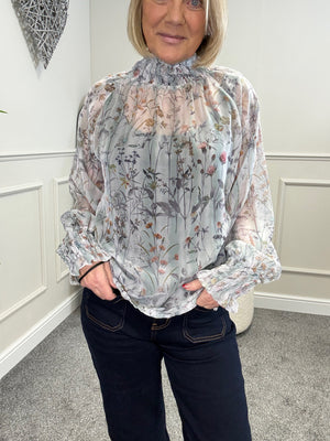 Eliza Floral Sheer Blouse 8-16 Duck Egg