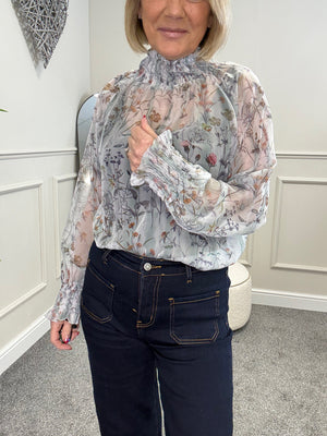 Eliza Floral Sheer Blouse 8-16 Duck Egg