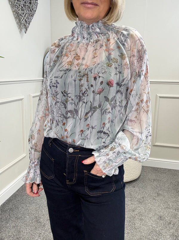 Eliza Floral Sheer Blouse 8-16 Duck Egg