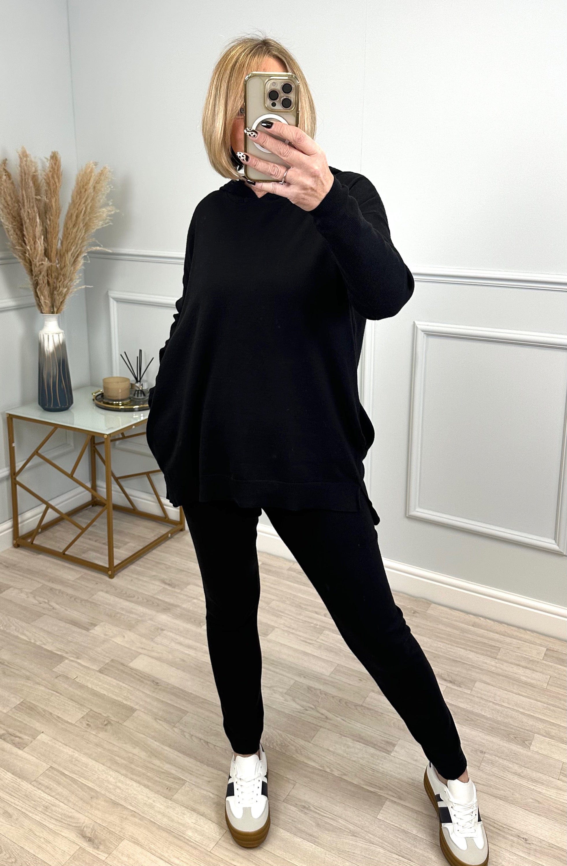 Isabelle Hooded Knitted  Lounge Wear Set Black