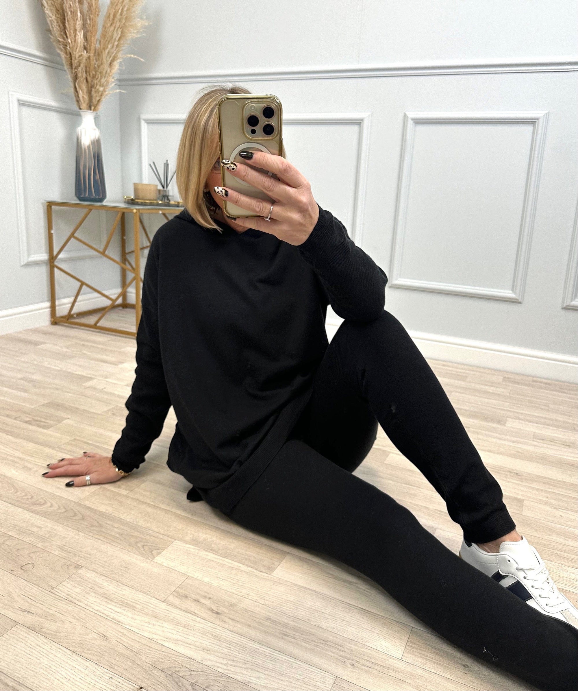 Isabelle Hooded Knitted  Lounge Wear Set Black