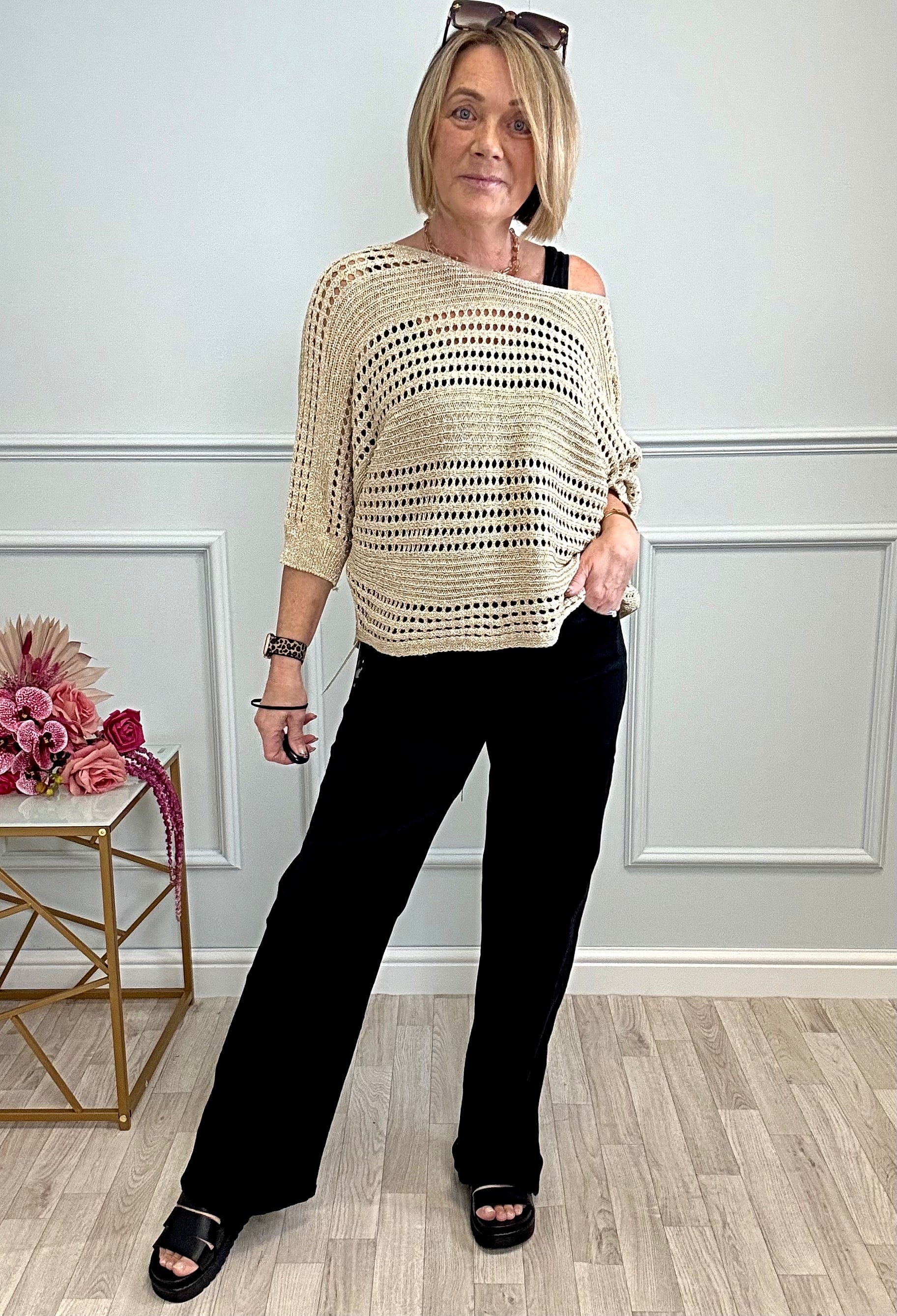 Athena Open-Knit Jumper – Gold Lurex, Relaxed Fit One Size 10-18