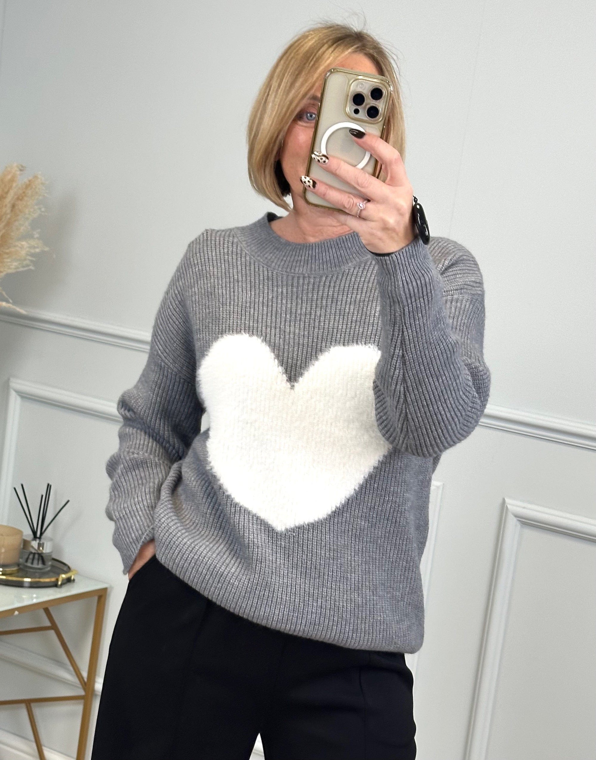 Valeria Fluffy Heart Jumper 8-18 Grey - Susie's Boutique