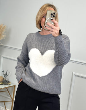 Valeria Fluffy Heart Jumper 8-18 Grey - Susie's Boutique