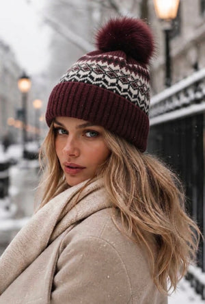 Alpine Fair Isle Pom Pom Hat – Burgundy