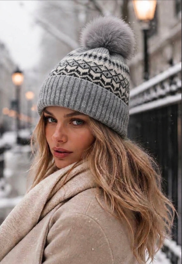 Alpine Fair Isle Pom Pom Hat – Grey