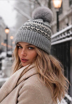 Alpine Fair Isle Pom Pom Hat – Grey