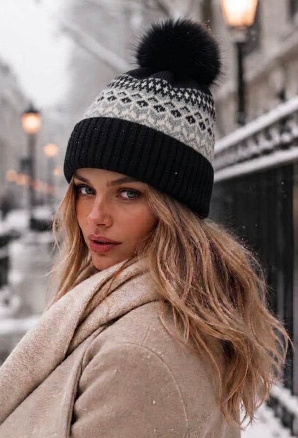 Alpine Fair Isle Pom Pom Hat – Black