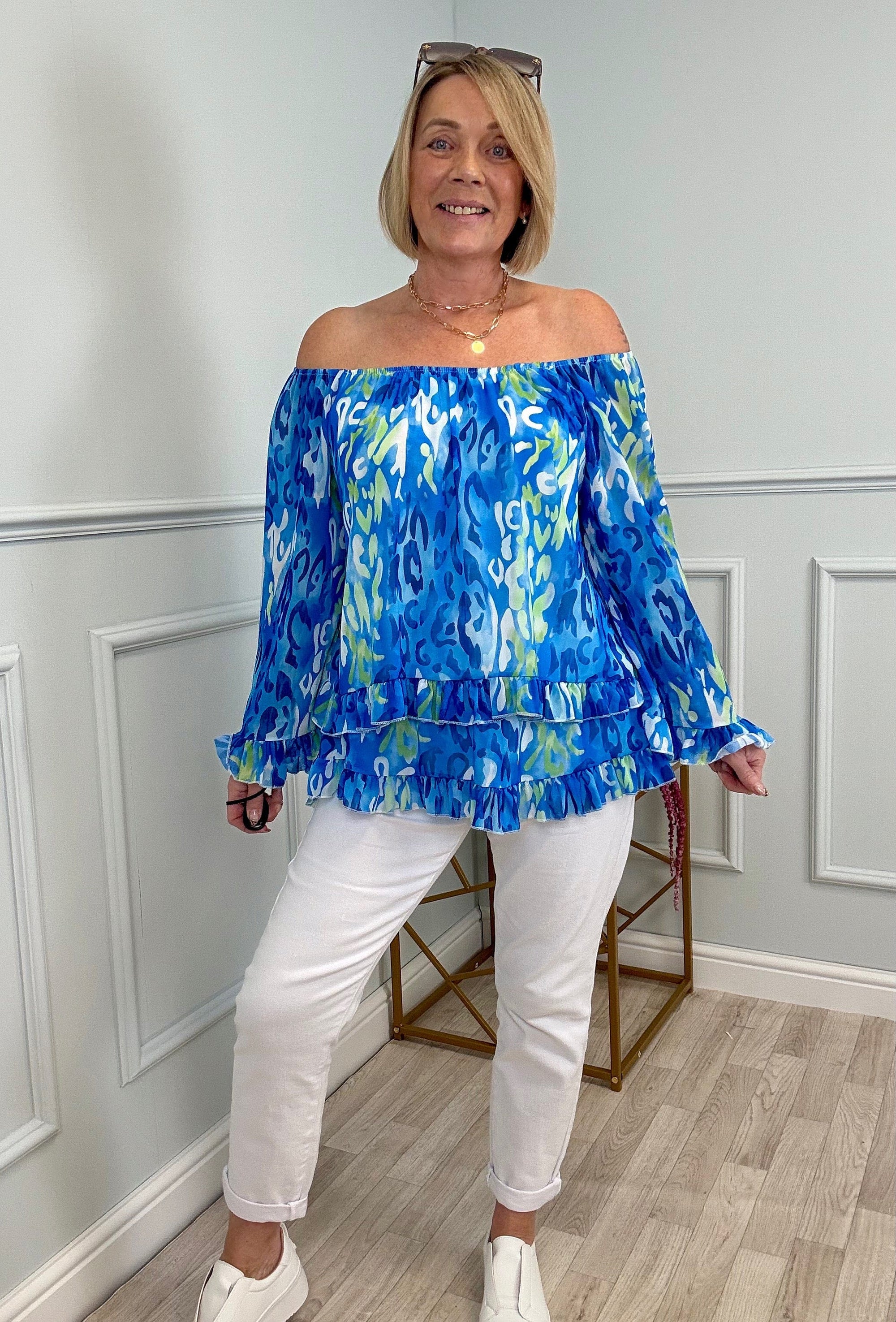 Serena Abstract Animal Print Bardot Frill Hem Chiffon Top Sizes 10-20 Cobalt