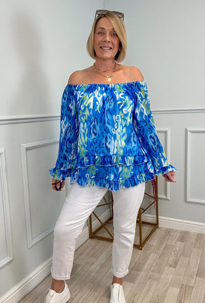 Serena Abstract Animal Print Bardot Frill Hem Chiffon Top Sizes 10-20 Cobalt