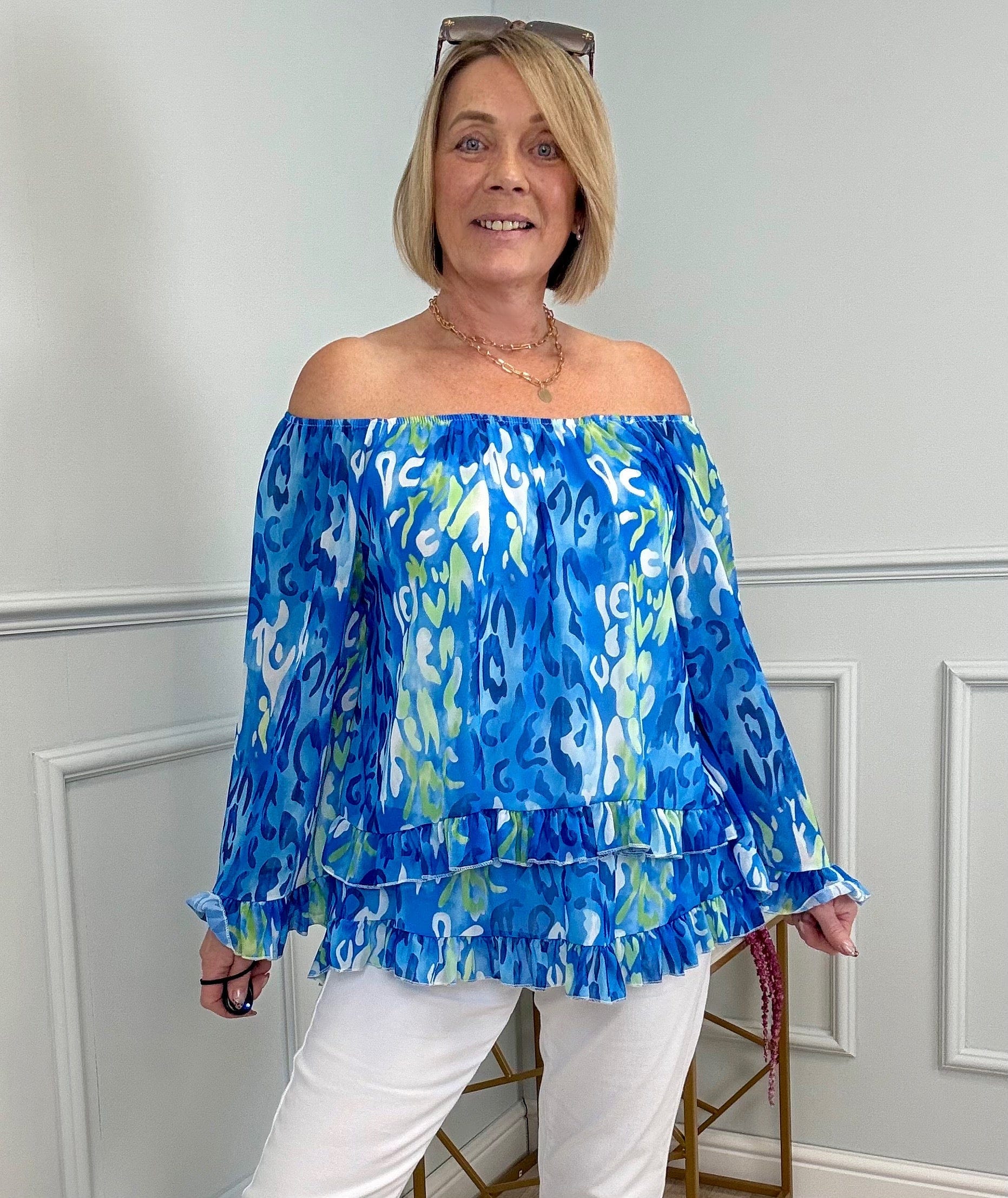 Serena Abstract Animal Print Bardot Frill Hem Chiffon Top Sizes 10-20 Cobalt