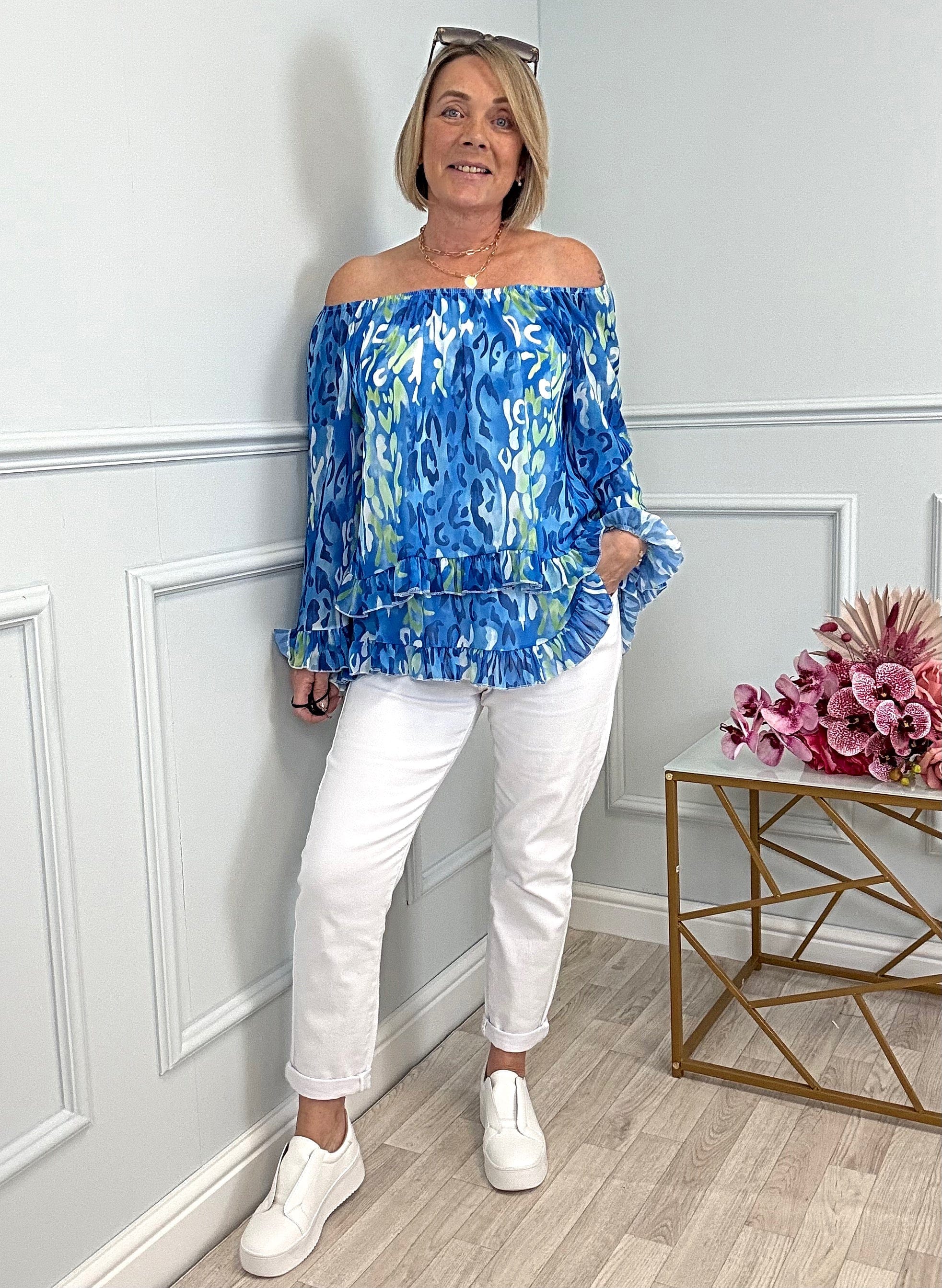 Serena Abstract Animal Print Bardot Frill Hem Chiffon Top Sizes 10-20 Cobalt