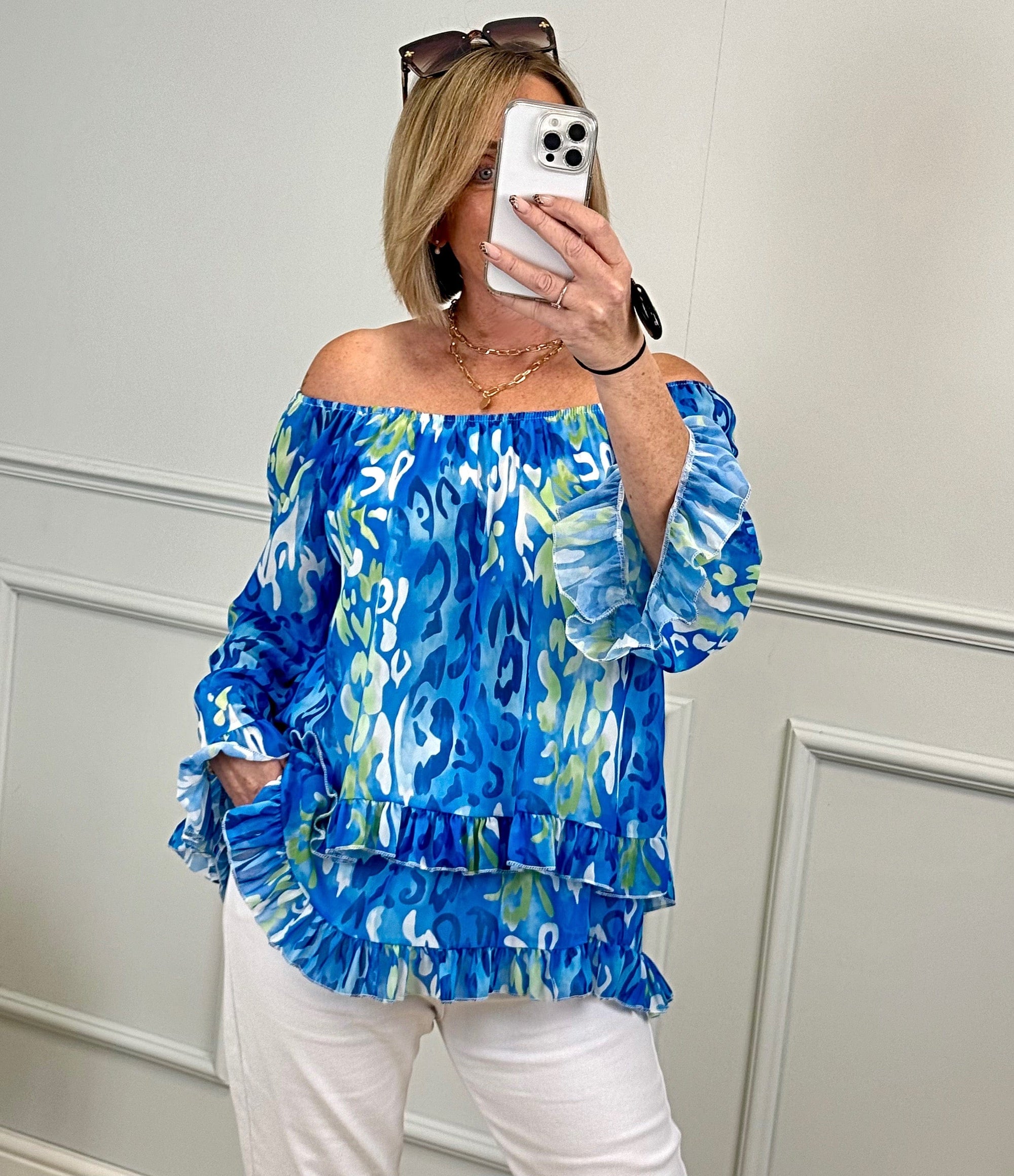Serena Abstract Animal Print Bardot Frill Hem Chiffon Top Sizes 10-20 Cobalt
