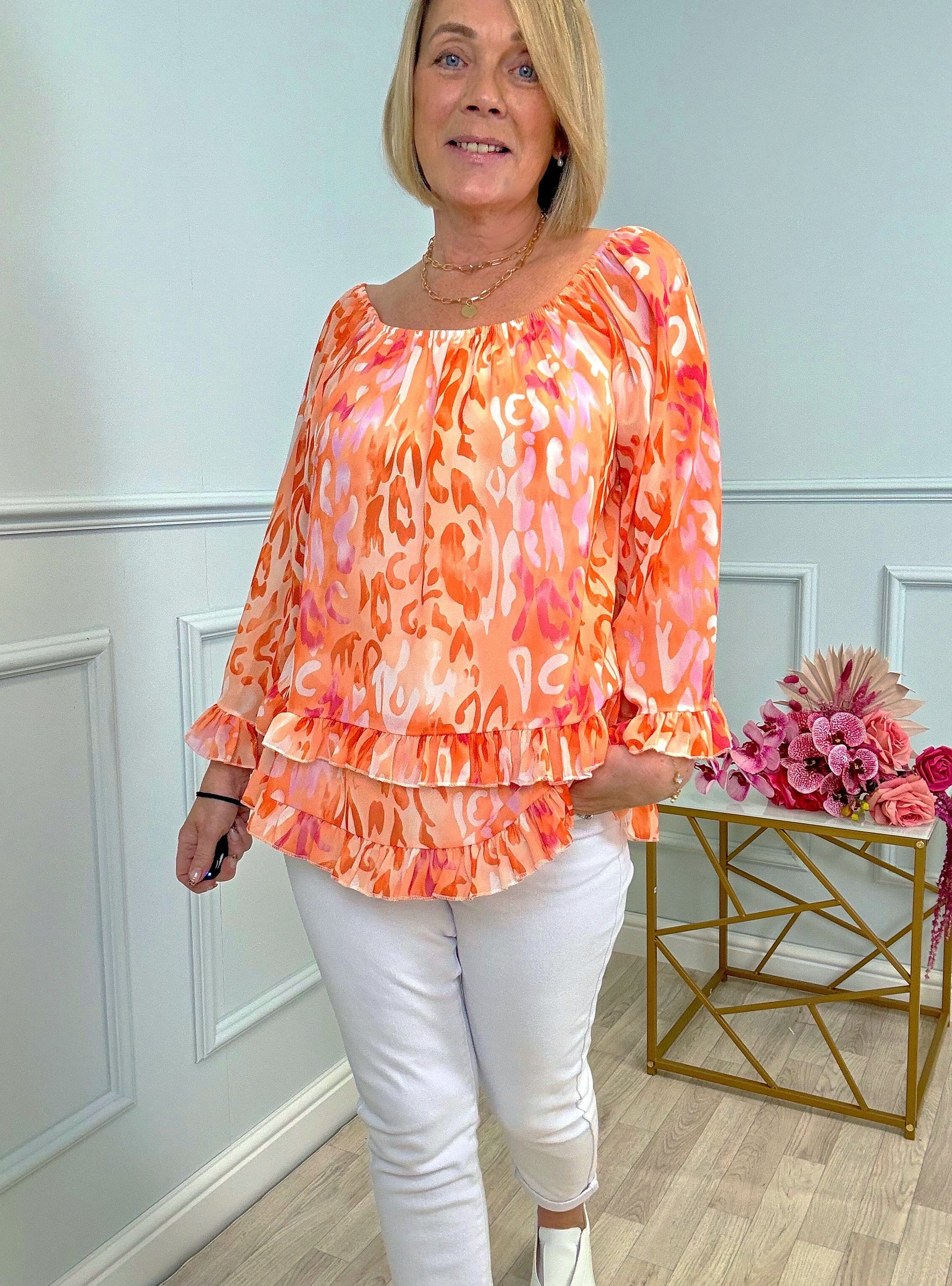 Serena Abstract Animal Print Bardot Frill Hem Chiffon Top Sizes 10-20 Orange