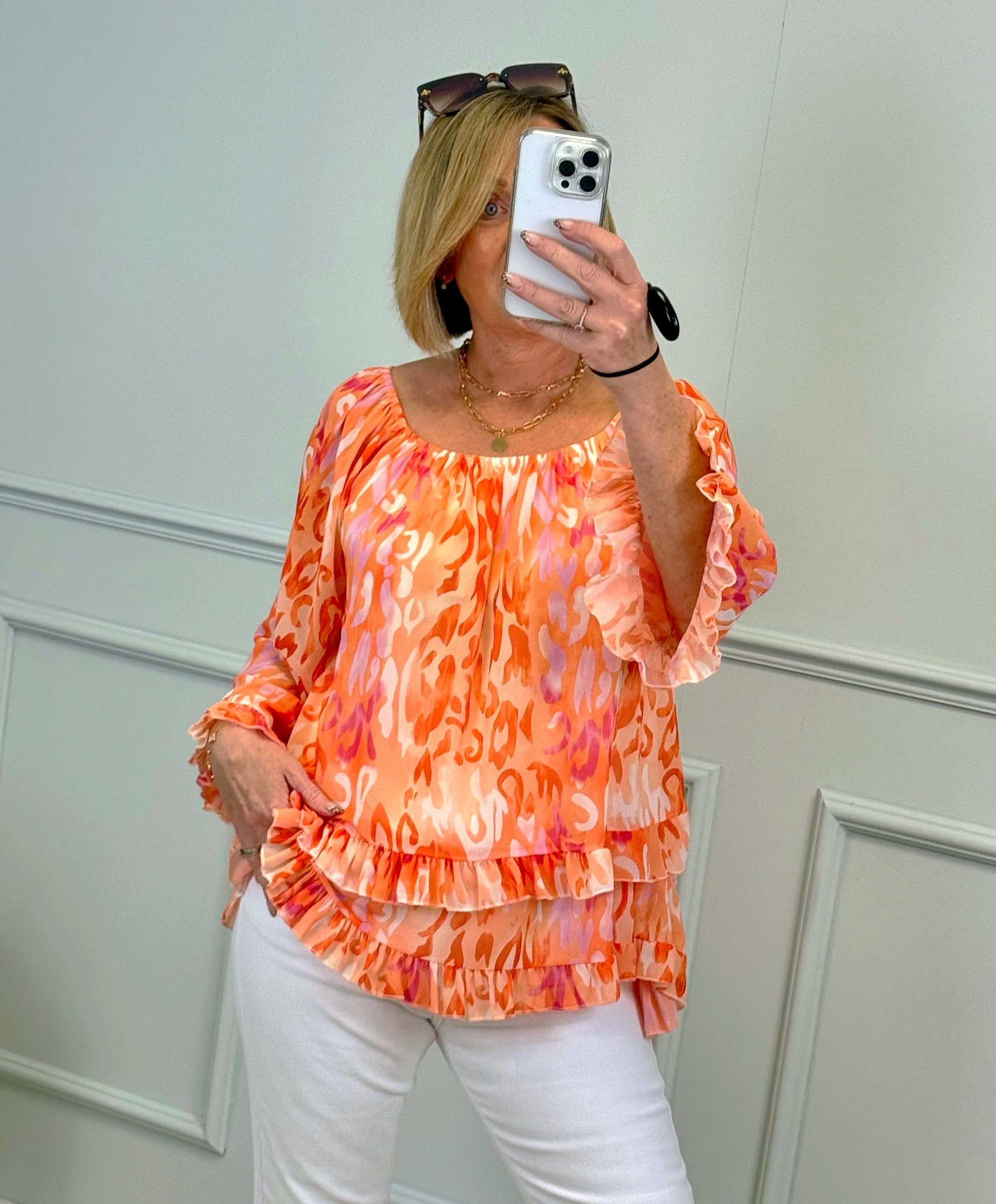 Serena Abstract Animal Print Bardot Frill Hem Chiffon Top Sizes 10-20 Orange