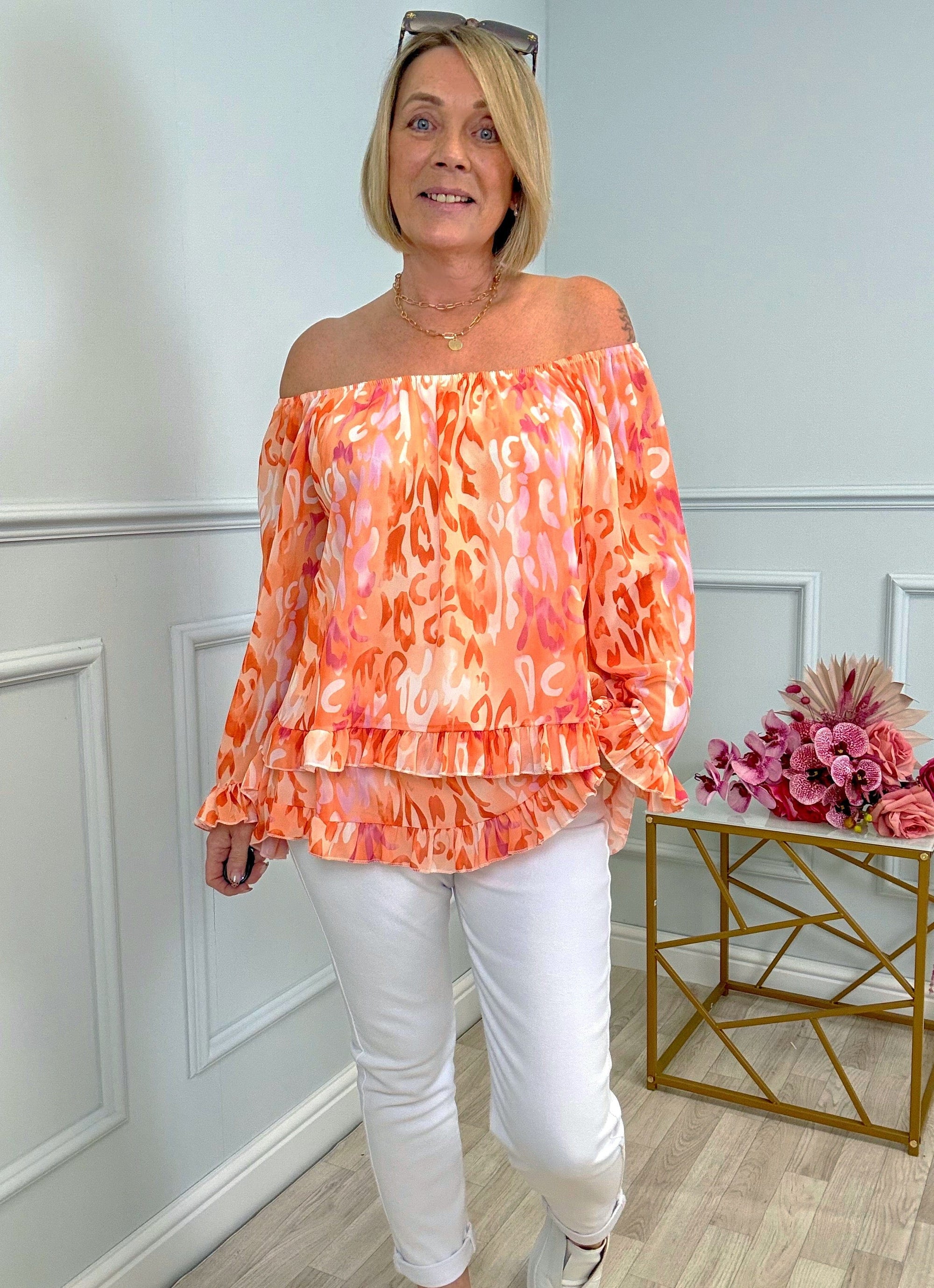 Serena Abstract Animal Print Bardot Frill Hem Chiffon Top Sizes 10-20 Orange