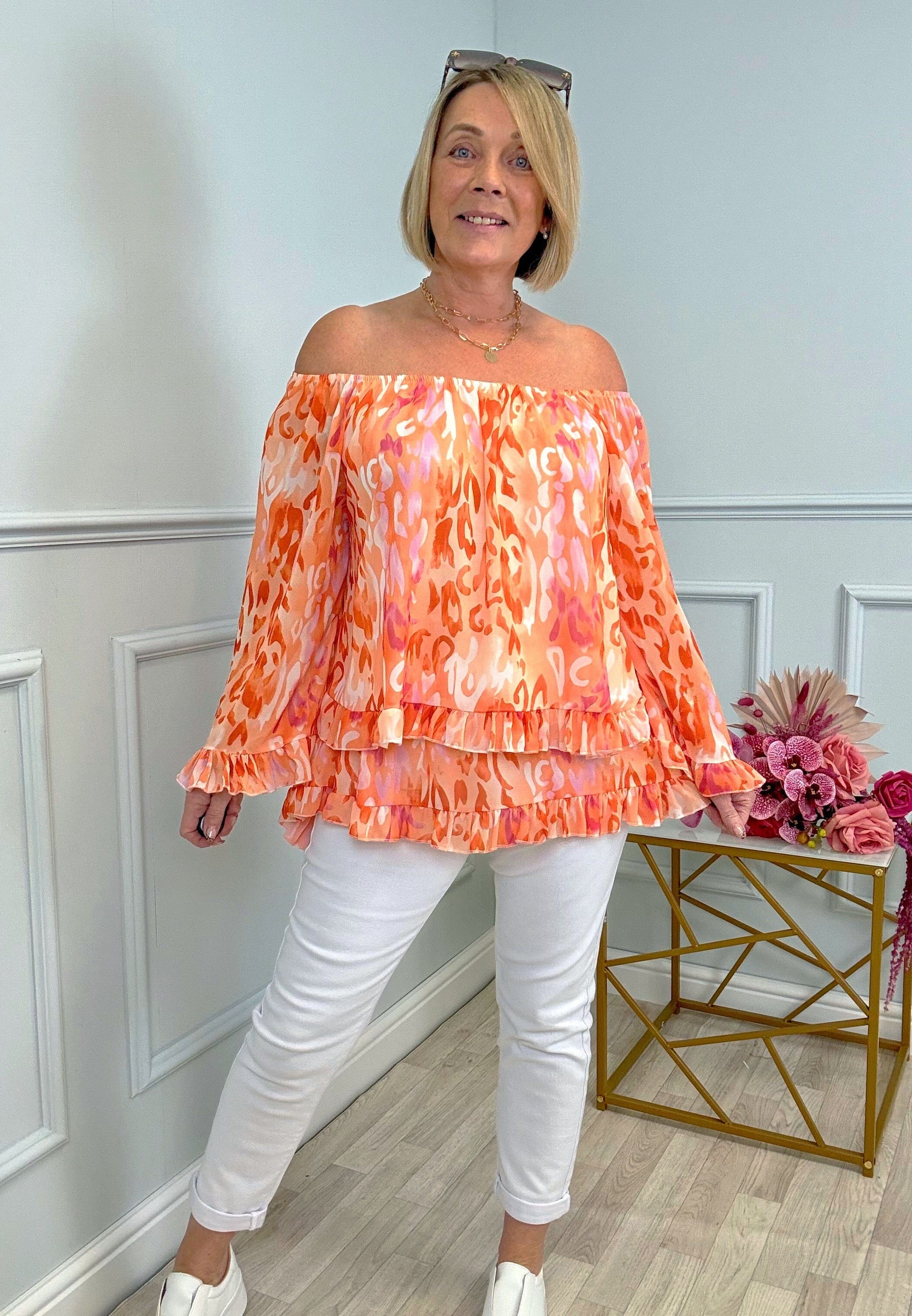 Serena Abstract Animal Print Bardot Frill Hem Chiffon Top Sizes 10-20 Orange