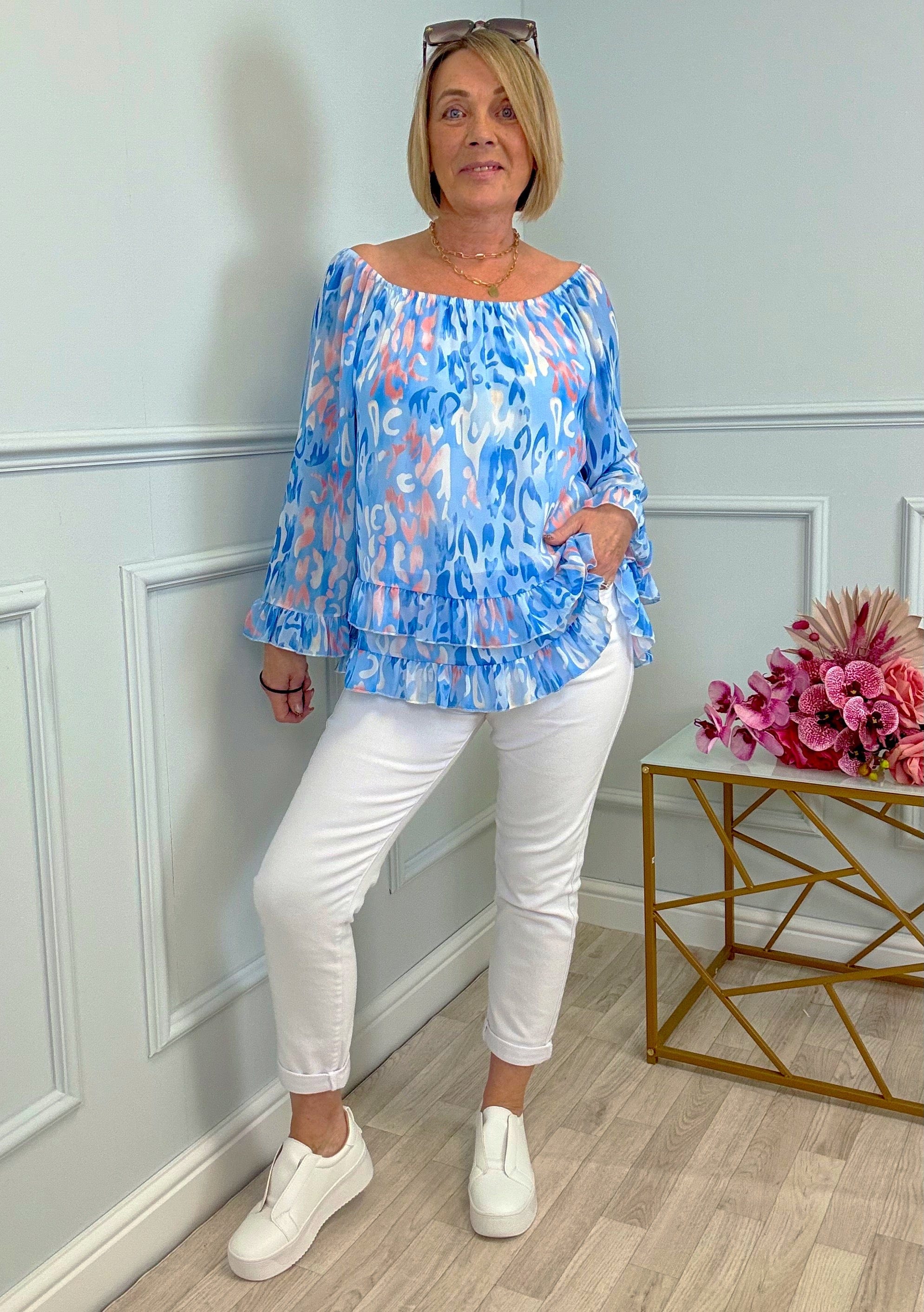 Serena Abstract Animal Print Bardot Frill Hem Chiffon Top Sizes 10-20 Blue