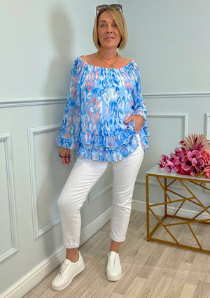 Serena Abstract Animal Print Bardot Frill Hem Chiffon Top Sizes 10-20 Blue