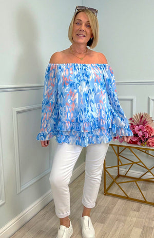 Serena Abstract Animal Print Bardot Frill Hem Chiffon Top Sizes 10-20 Blue