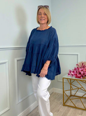Alessia Frill Hem Boho Smock Top One Size Navy