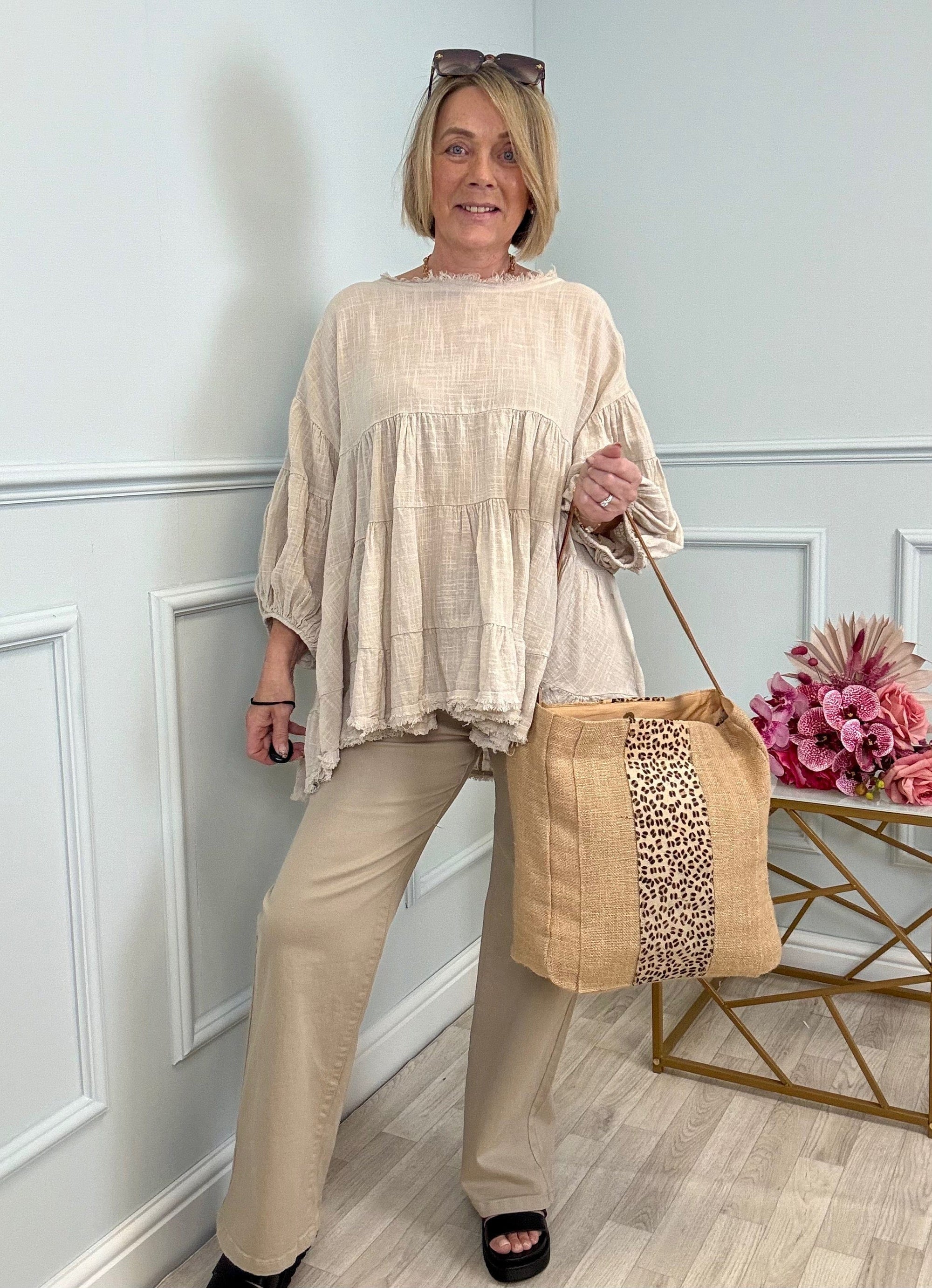 Alessia Frill Hem Boho Smock Top One Size Sand