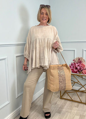 Alessia Frill Hem Boho Smock Top One Size Sand