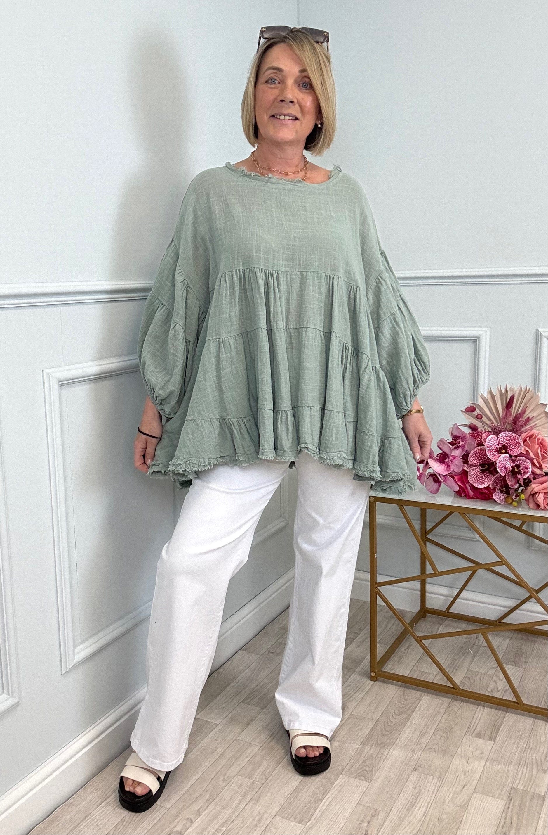 Alessia Frill Hem Boho Smock Top One Size Khaki