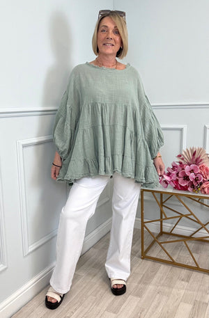 Alessia Frill Hem Boho Smock Top One Size Khaki