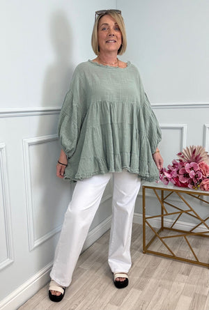 Alessia Frill Hem Boho Smock Top One Size Khaki