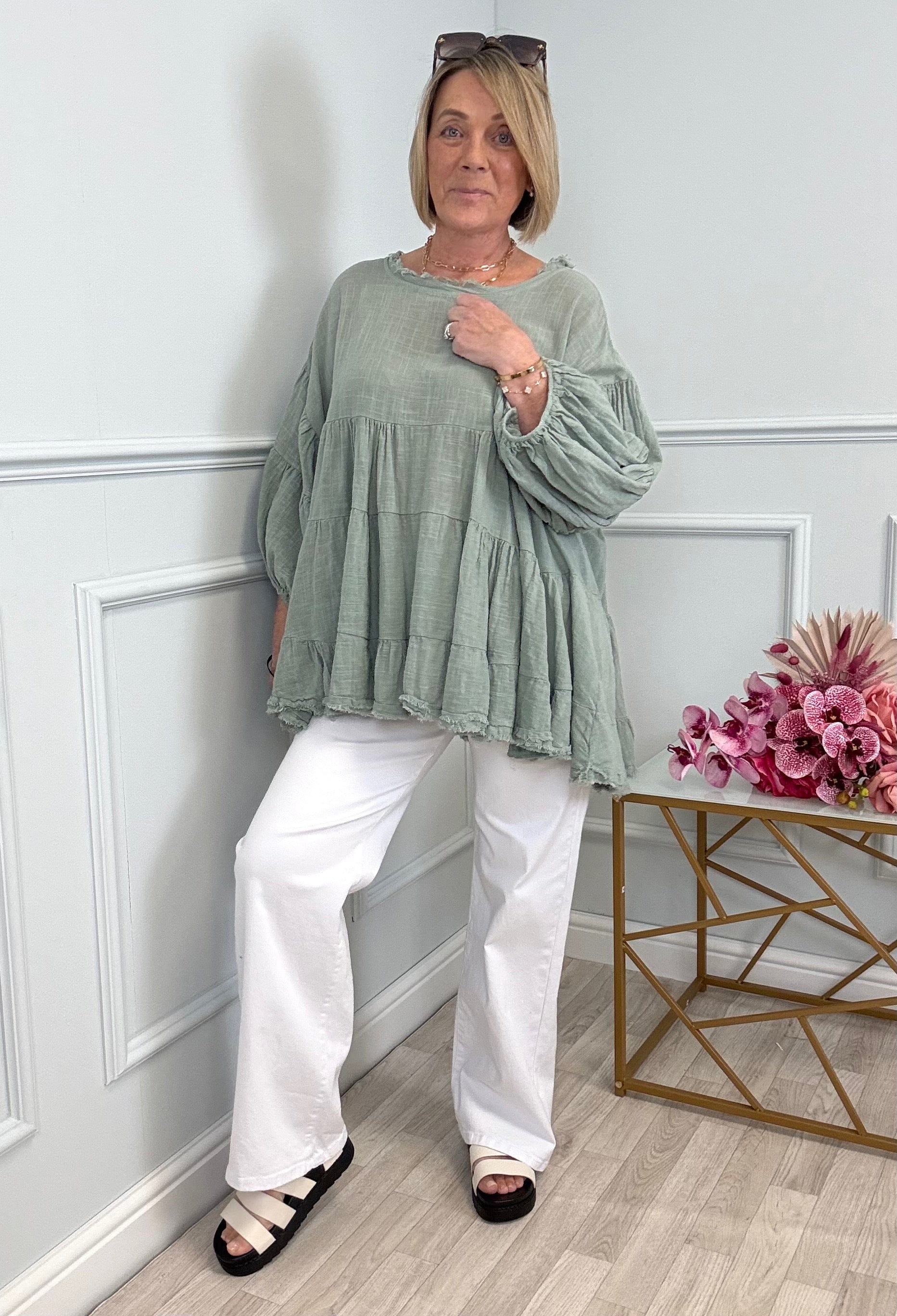 Alessia Frill Hem Boho Smock Top One Size Khaki