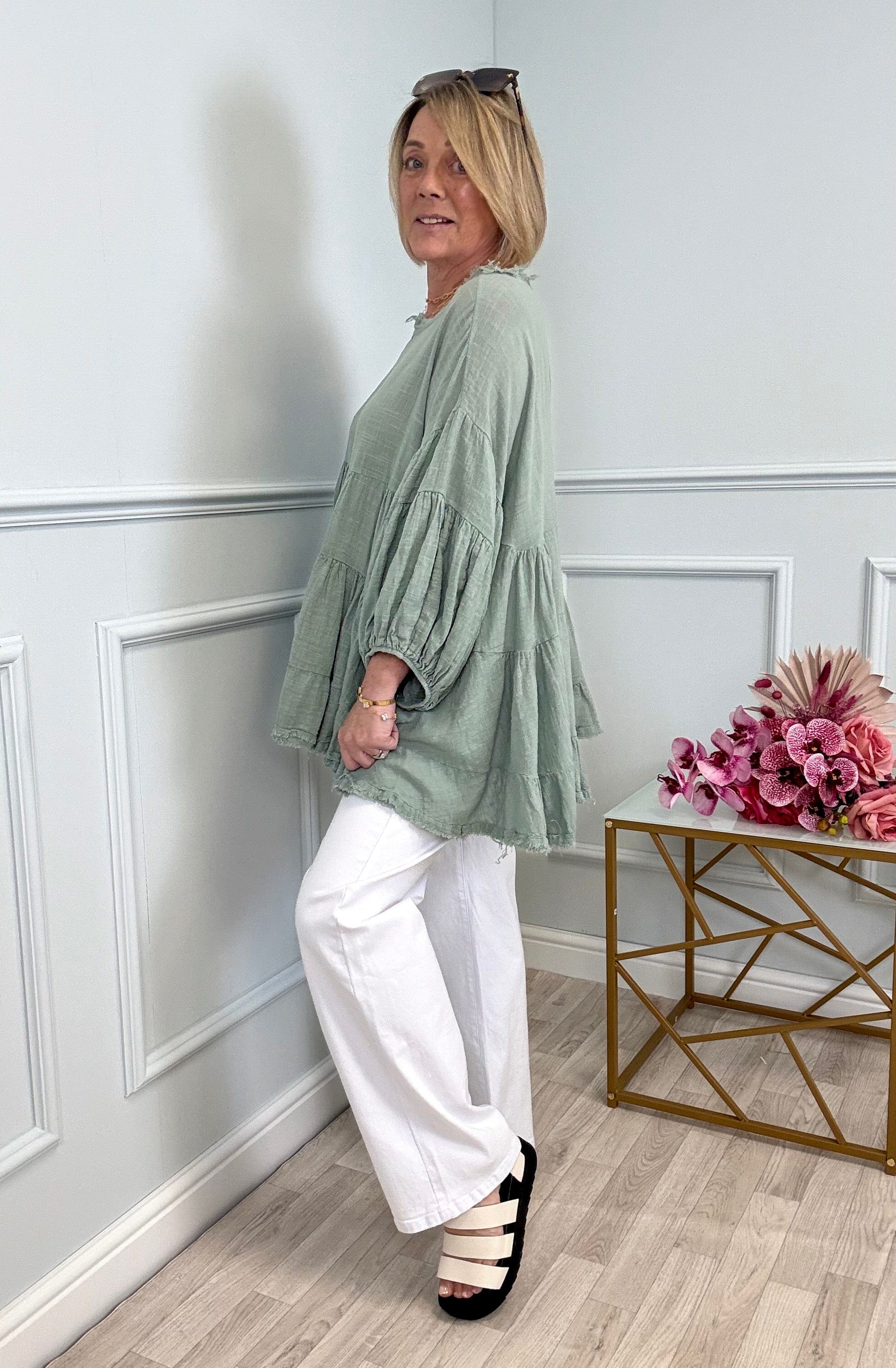 Alessia Frill Hem Boho Smock Top One Size Khaki