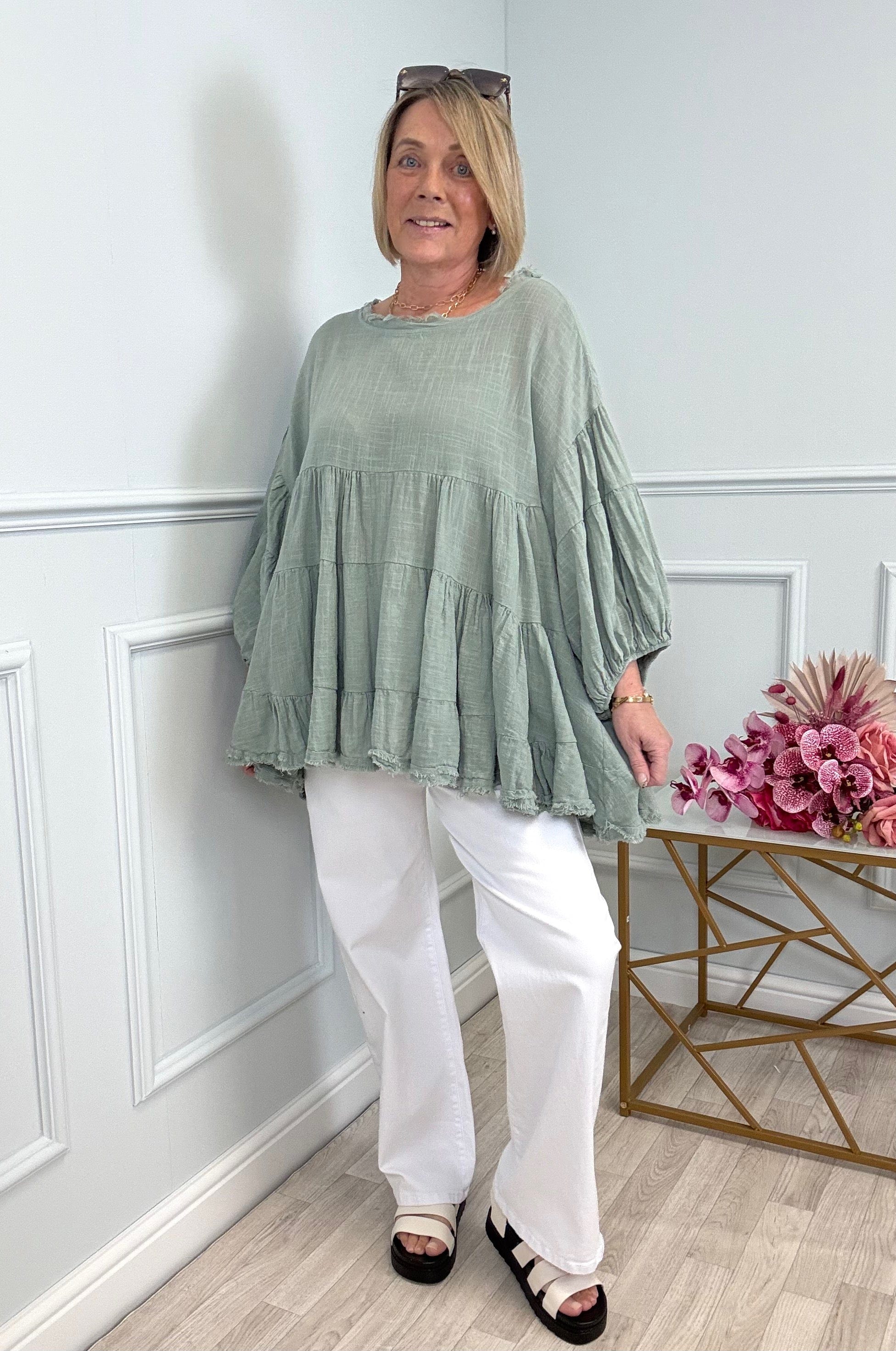 Alessia Frill Hem Boho Smock Top One Size Khaki