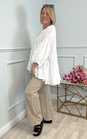 Alessia Frill Hem Boho Smock Top One Size White