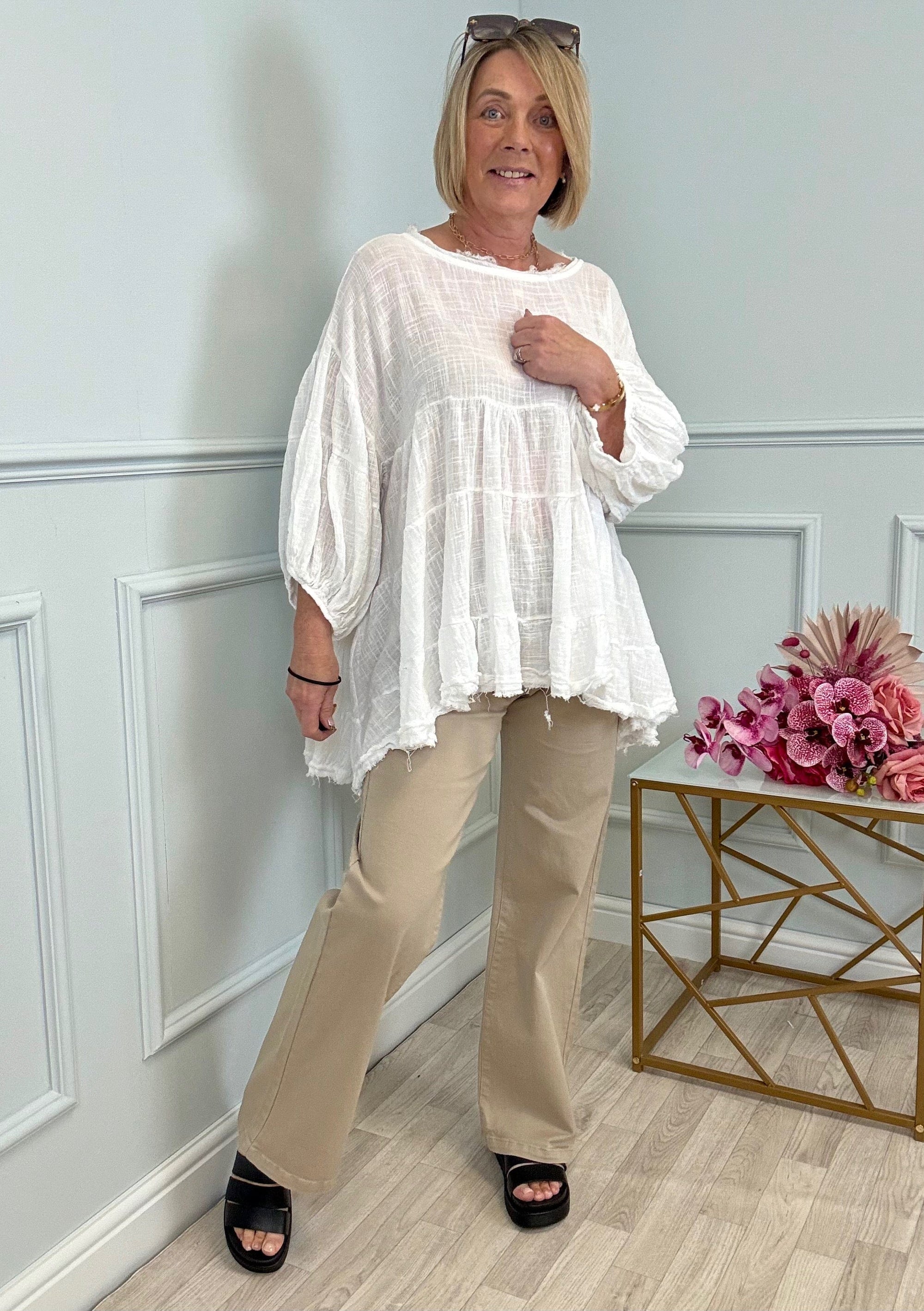 Alessia Frill Hem Boho Smock Top One Size White