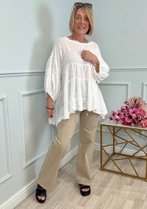 Alessia Frill Hem Boho Smock Top One Size White