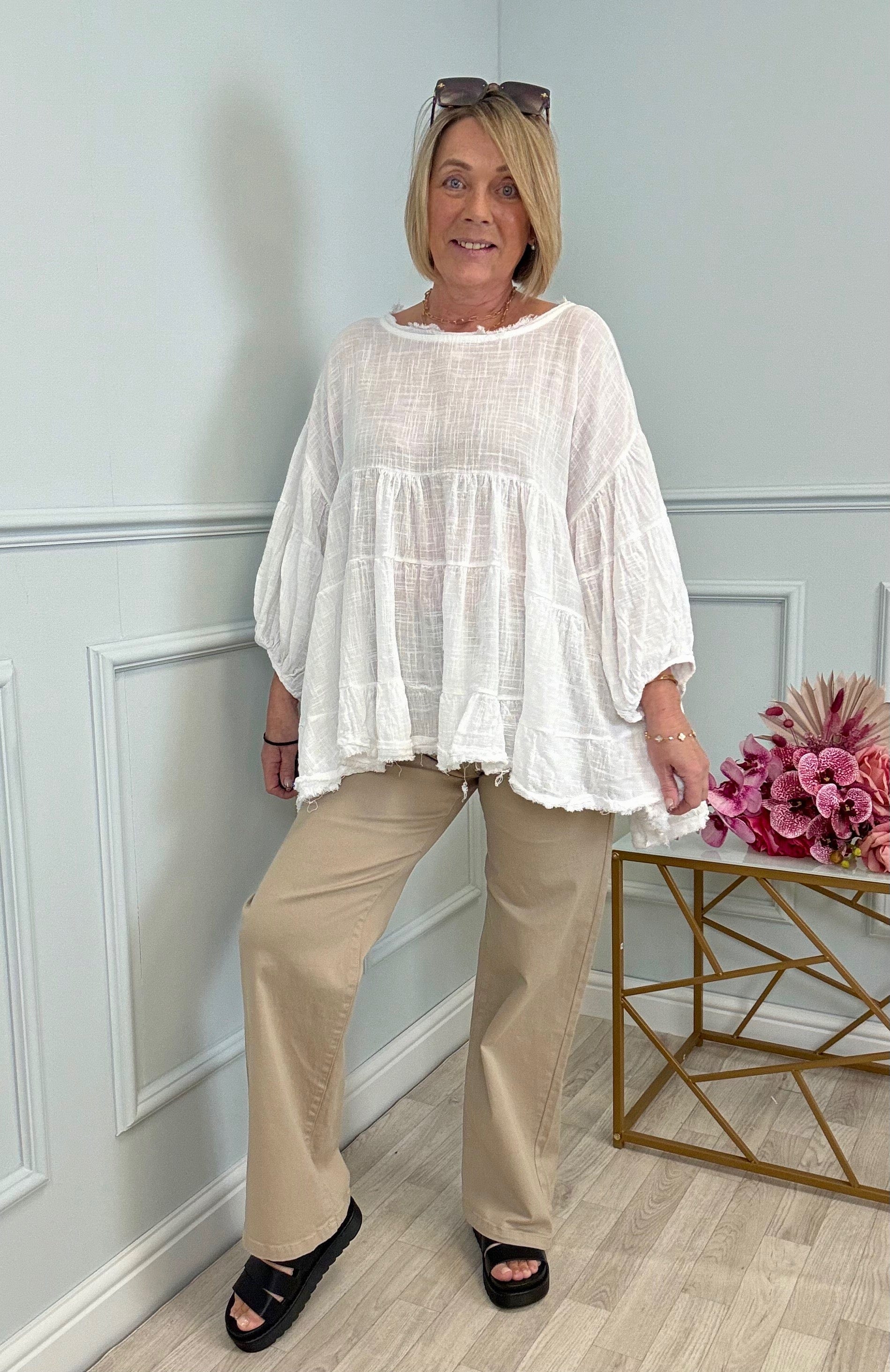 Alessia Frill Hem Boho Smock Top One Size White