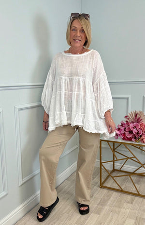 Alessia Frill Hem Boho Smock Top One Size White