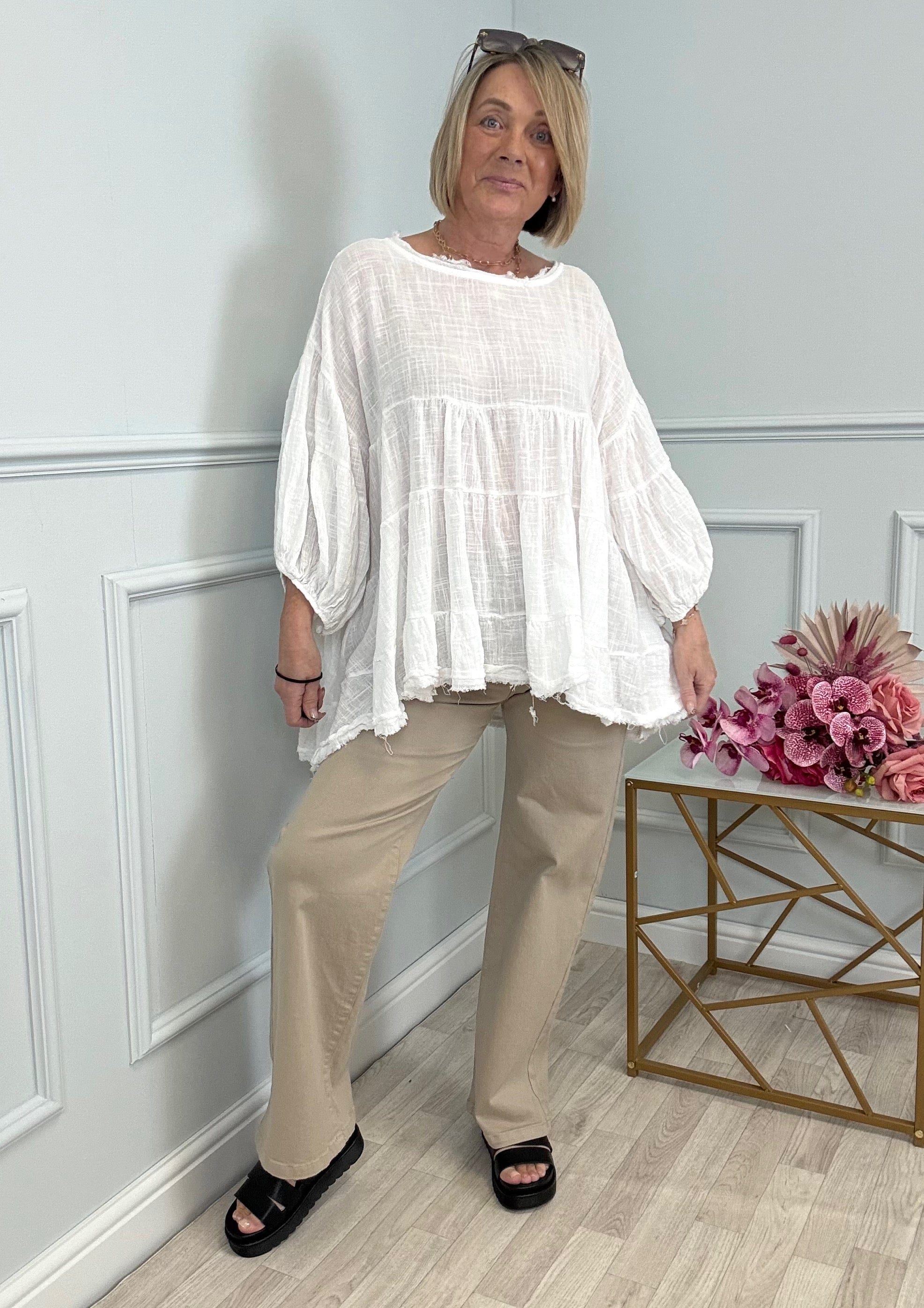 Alessia Frill Hem Boho Smock Top One Size White