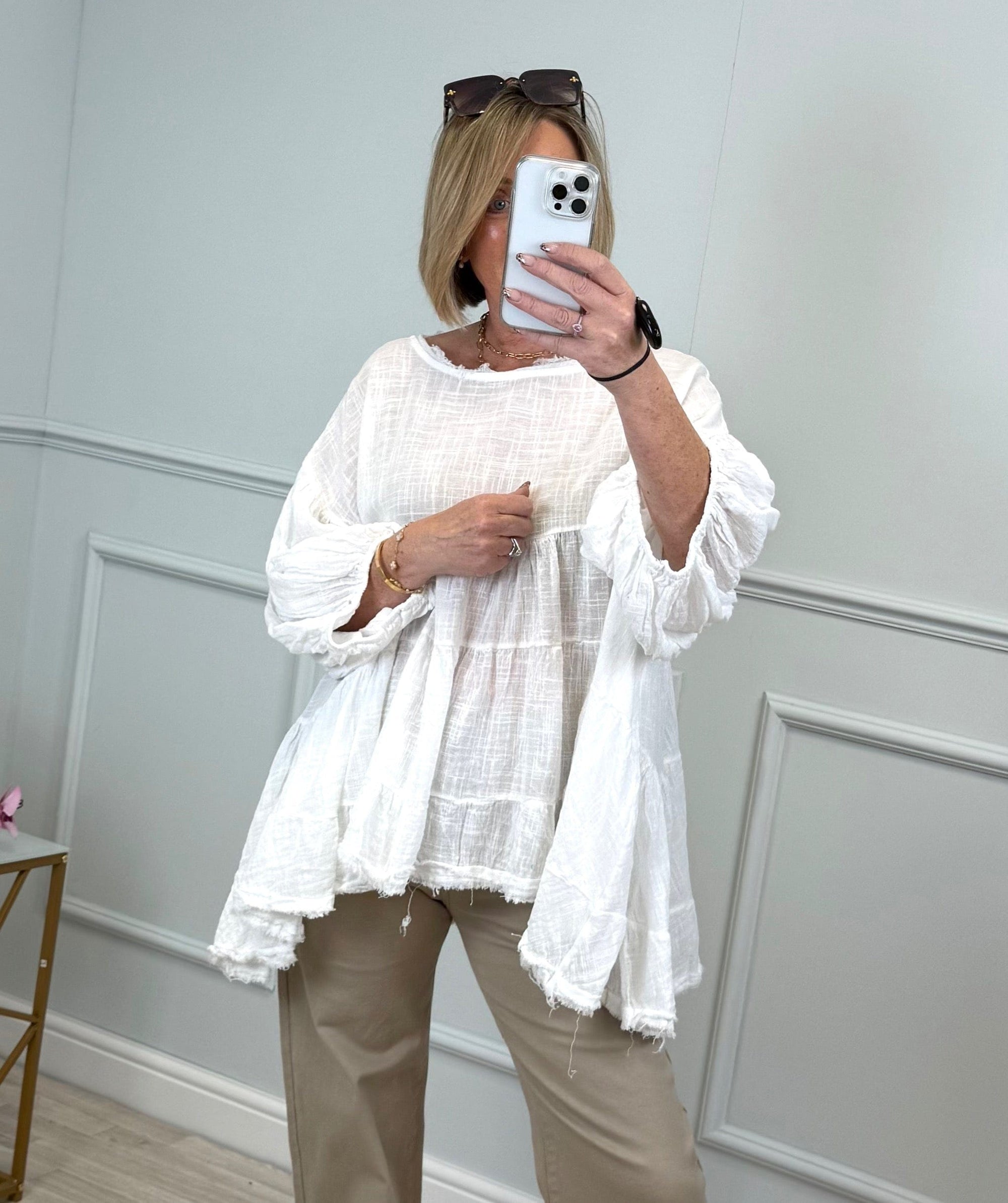 Alessia Frill Hem Boho Smock Top One Size White