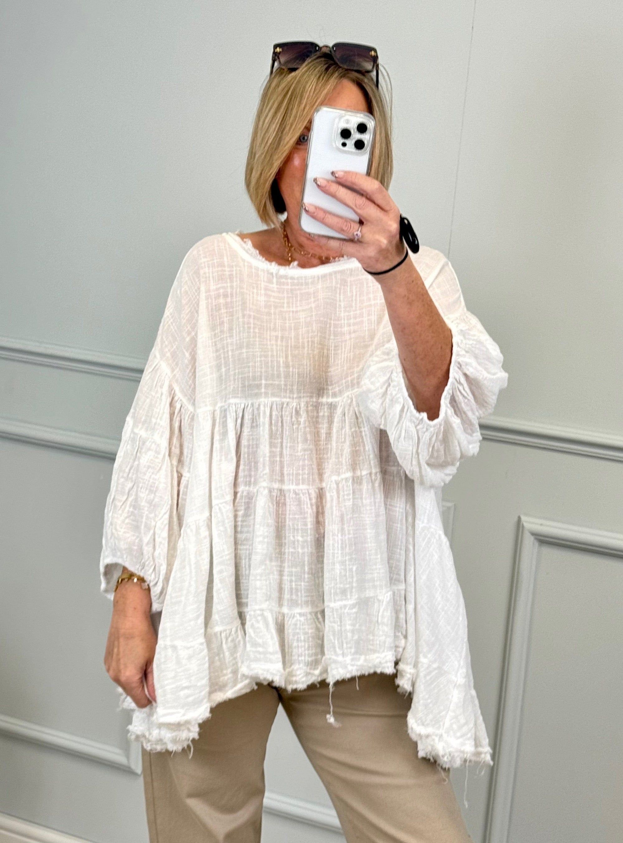 Alessia Frill Hem Boho Smock Top One Size White
