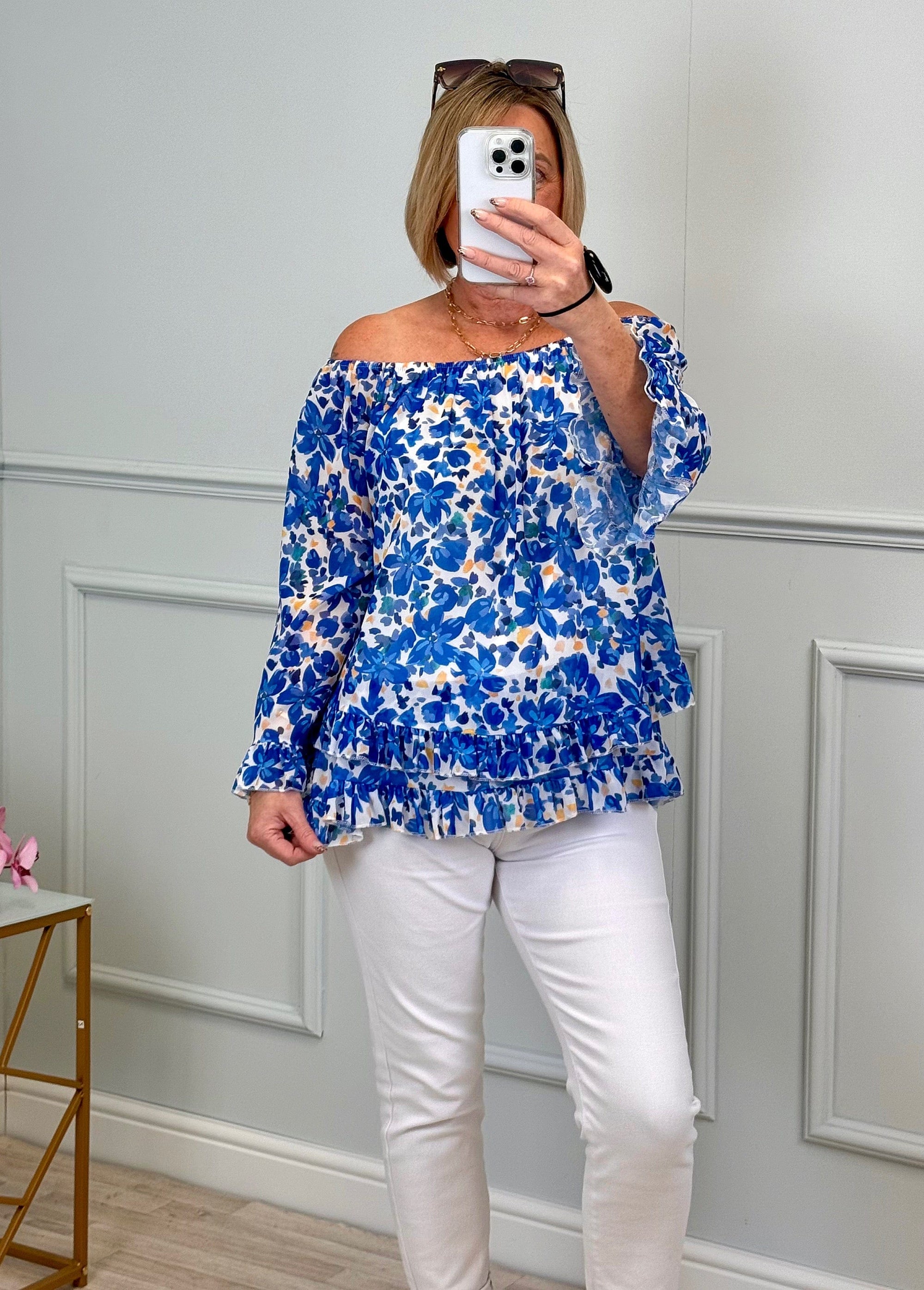 Serena Floral Bardot Frill Top Chiffon 10-20 Cobalt