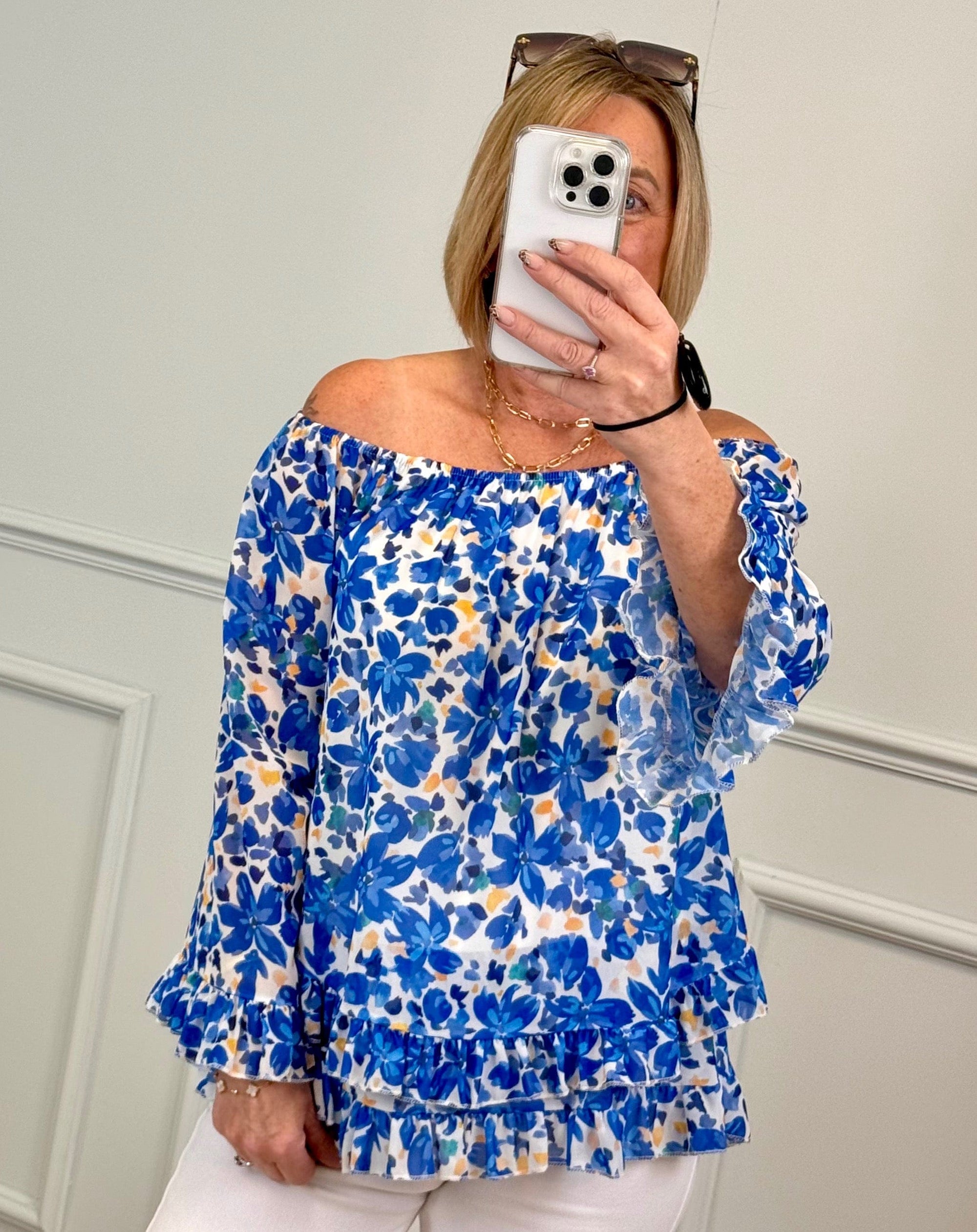 Serena Floral Bardot Frill Top Chiffon 10-20 Cobalt