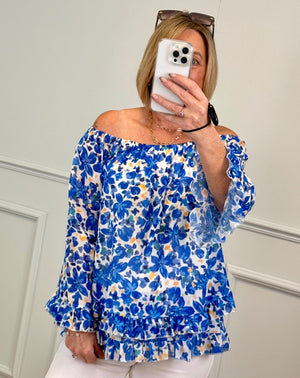 Serena Floral Bardot Frill Top Chiffon 10-20 Cobalt