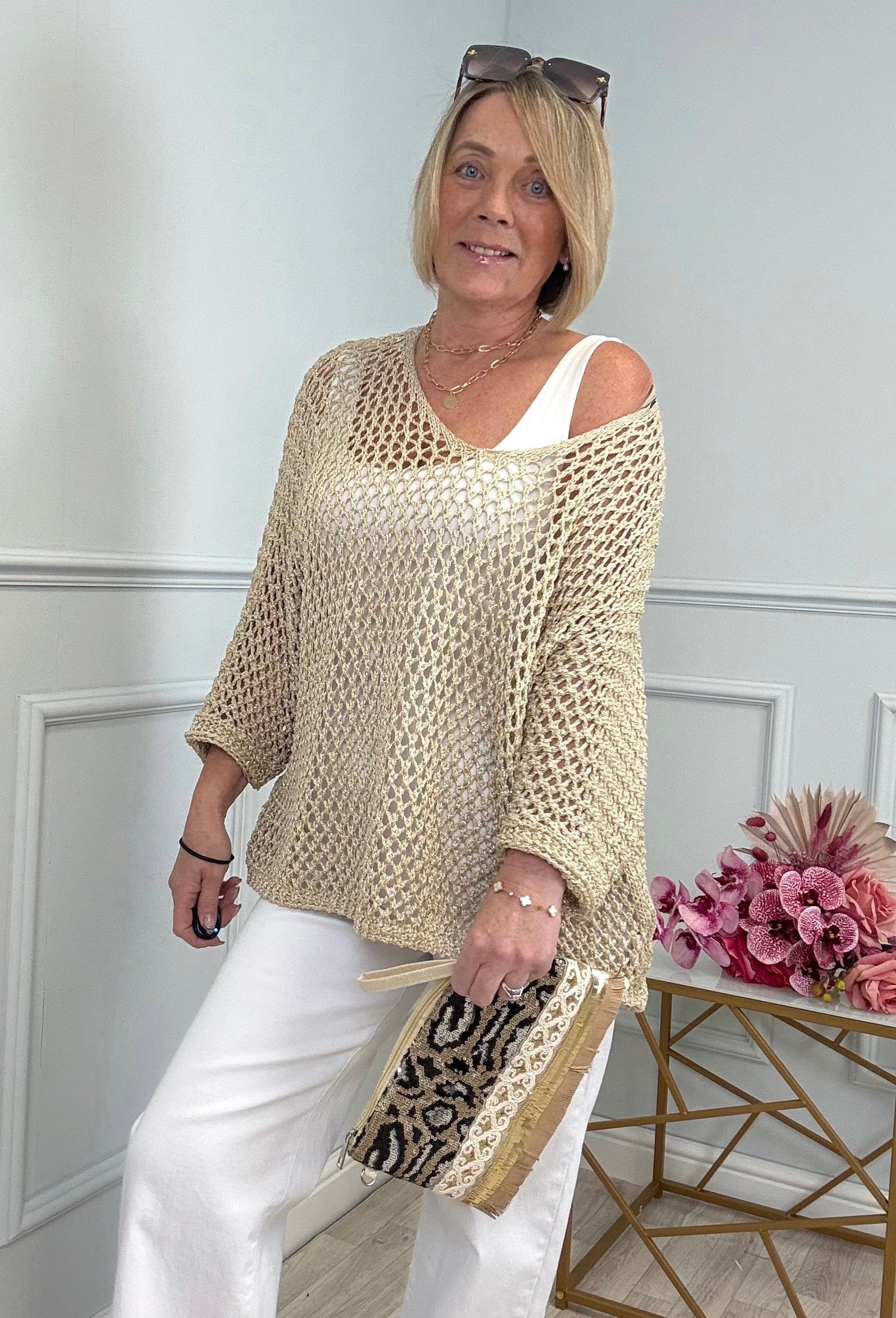 Naya Open-Knit Crochet Sweater 10-20 V neck
