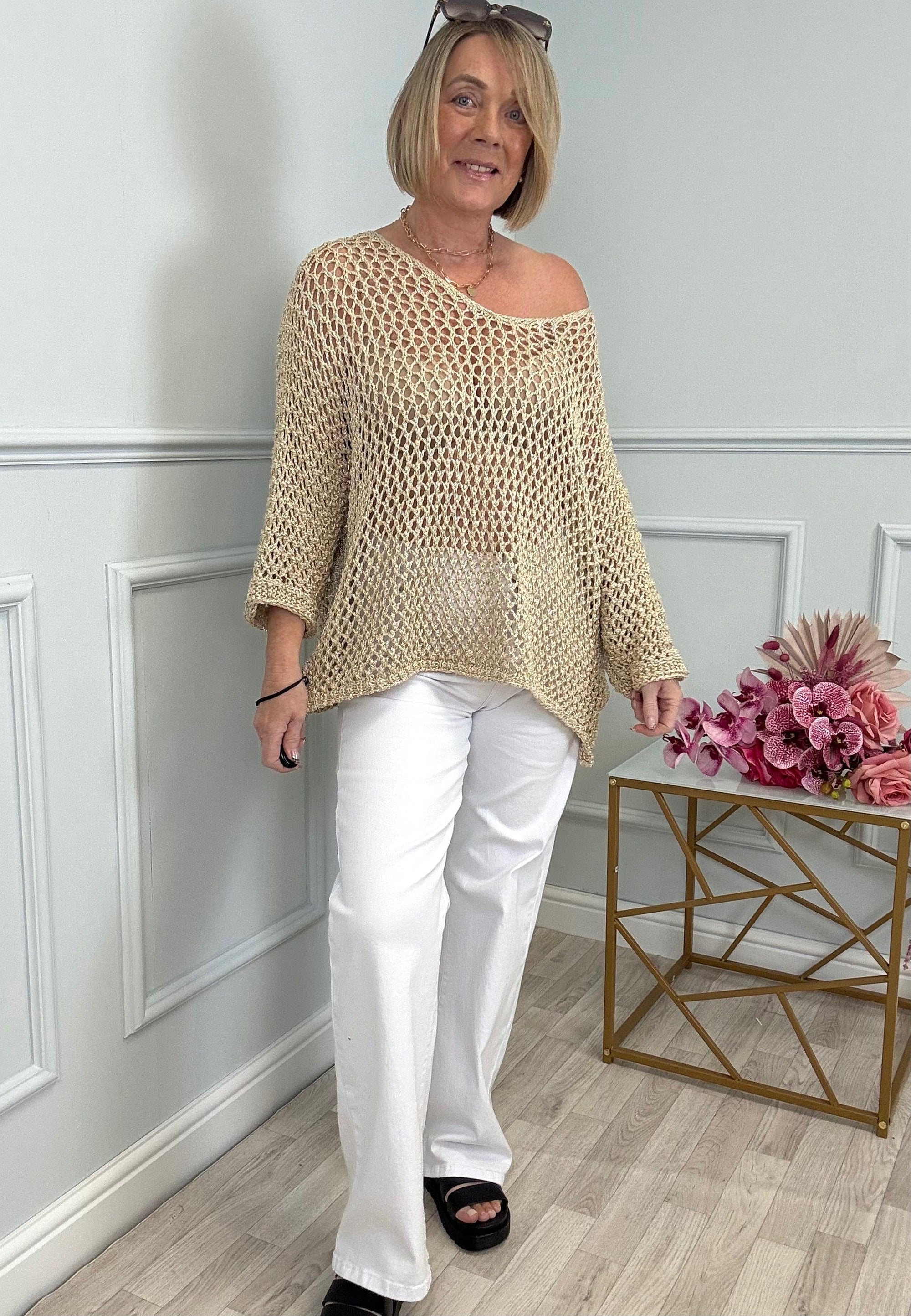 Naya Open-Knit Crochet Sweater 10-20 V neck